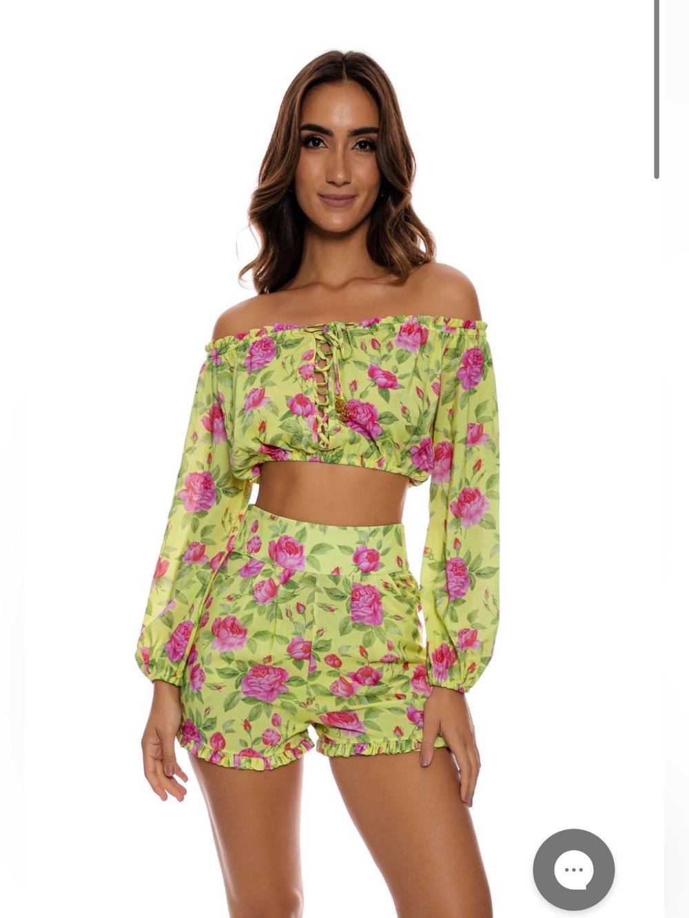 Luli Fama Lime Off-Shoulder Crop Top with Pink Rose Print